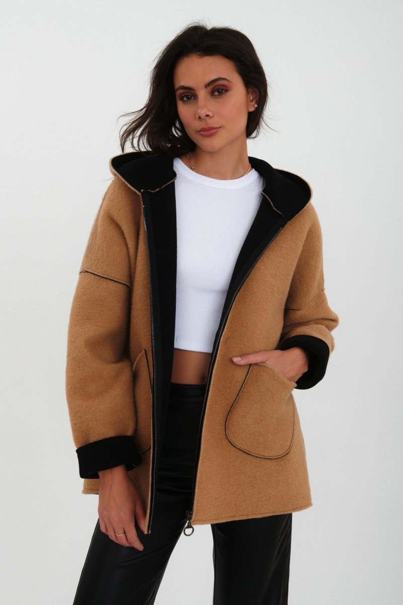 Manteau à capuche en laine camel - RIVE GAUCHE