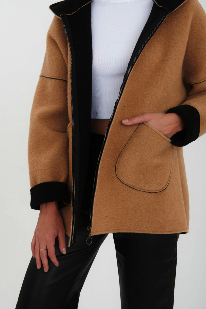 Manteau à capuche en laine camel - RIVE GAUCHE