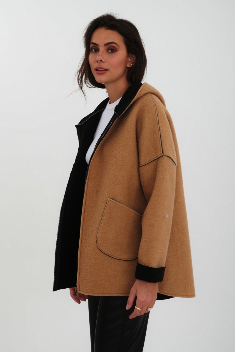 Manteau à capuche en laine camel - RIVE GAUCHE
