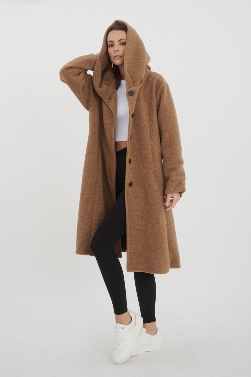 Manteau à capuche en laine mélangée camel - RIVE GAUCHE