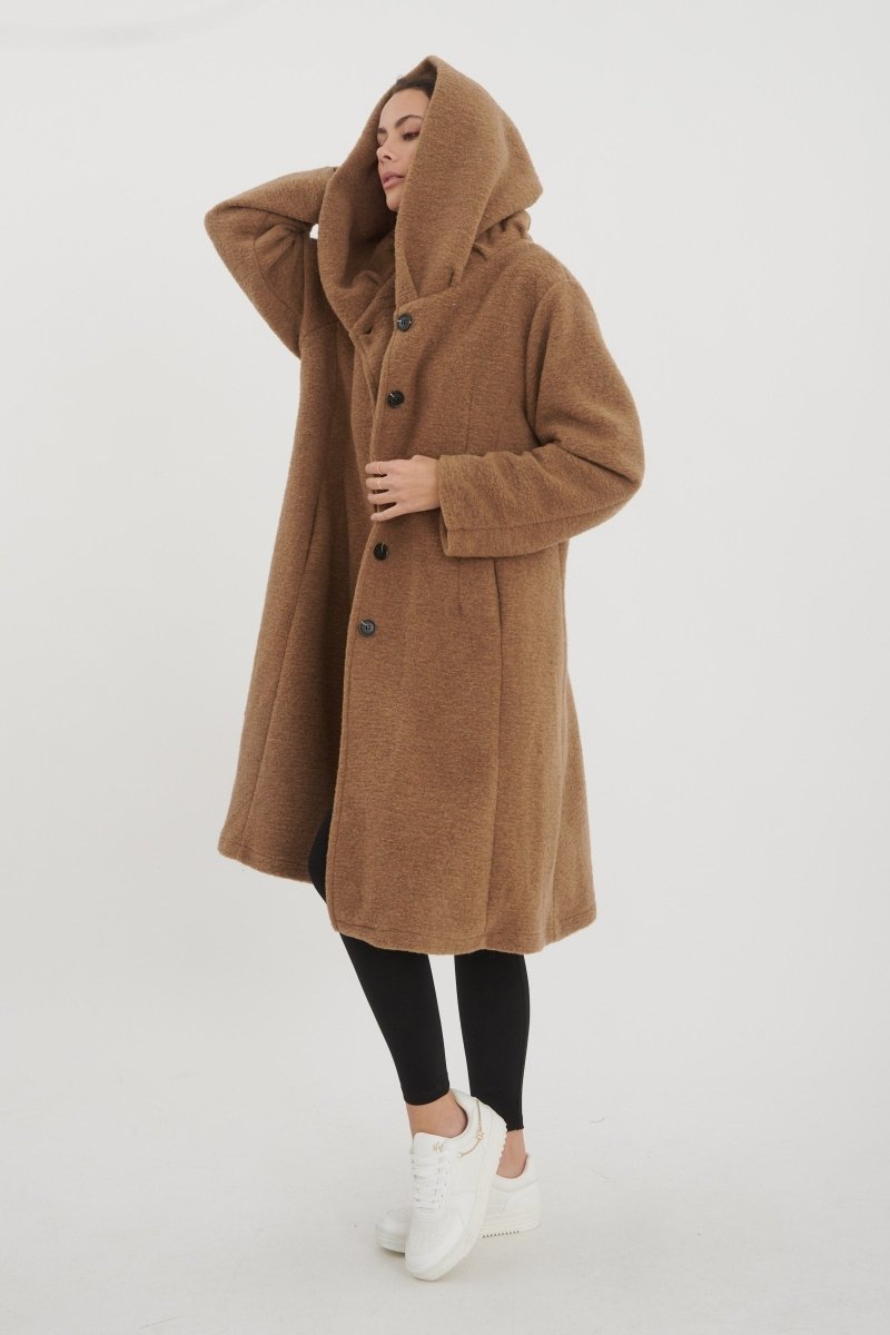 Manteau à capuche en laine mélangée camel - RIVE GAUCHE