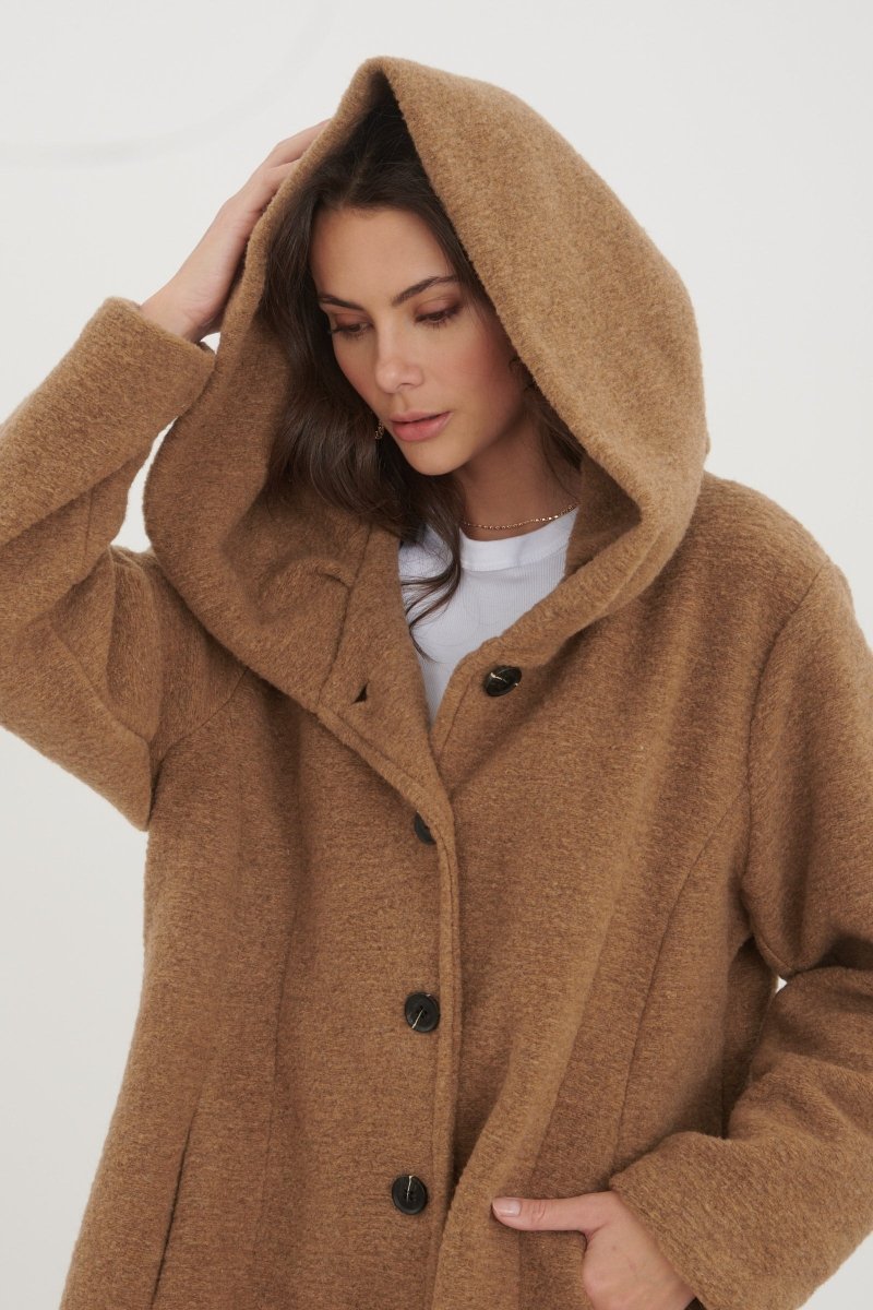 Manteau à capuche en laine mélangée camel - RIVE GAUCHE
