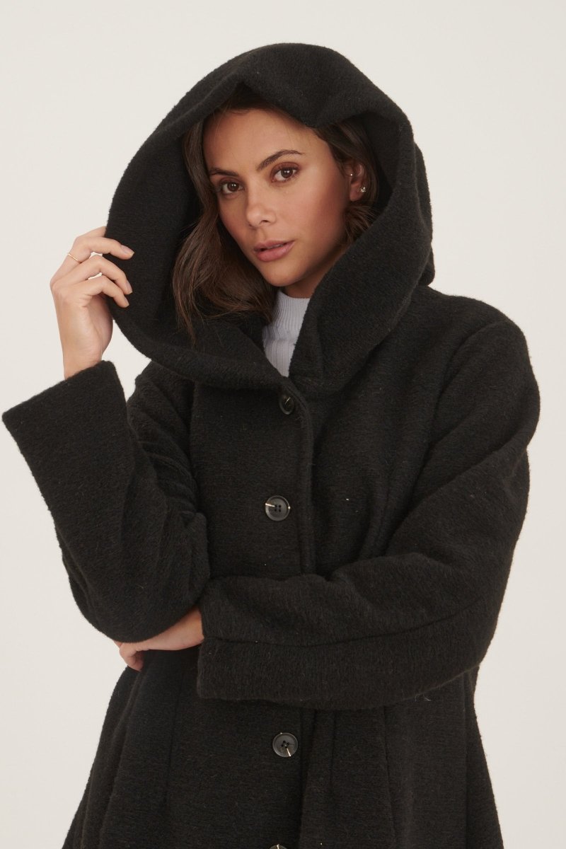 Manteau à capuche en laine mélangée noir - RIVE GAUCHE