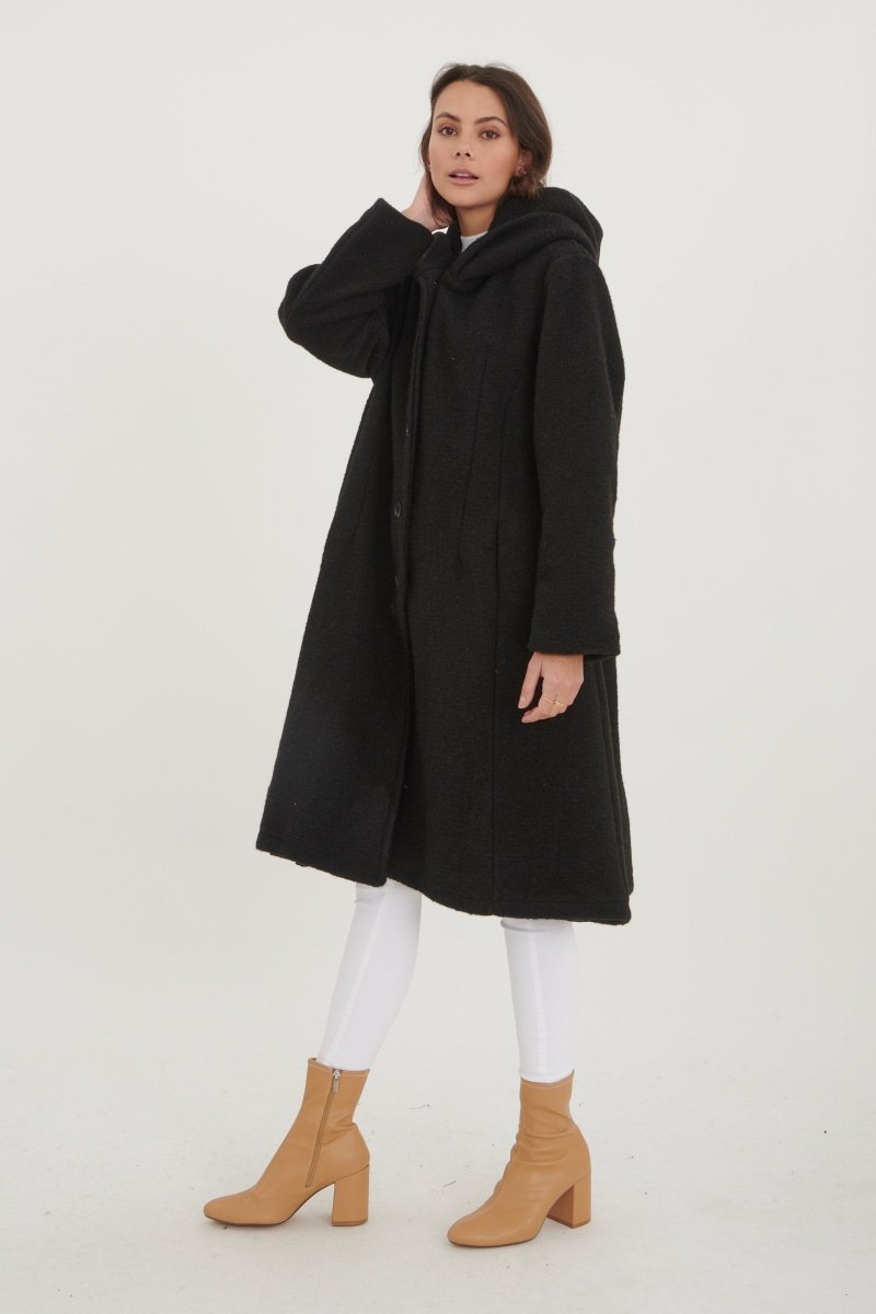 Manteau à capuche en laine mélangée noir - RIVE GAUCHE