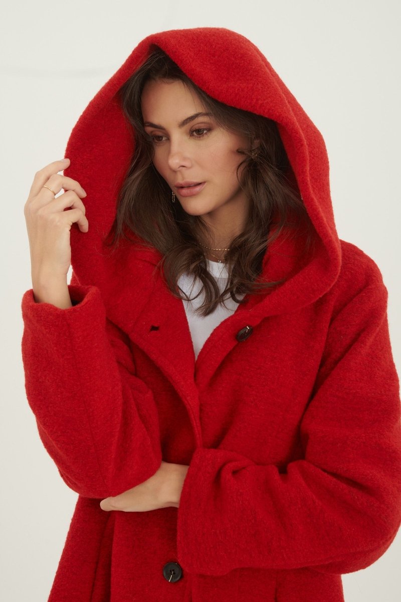 Manteau à capuche en laine mélangée rouge - RIVE GAUCHE