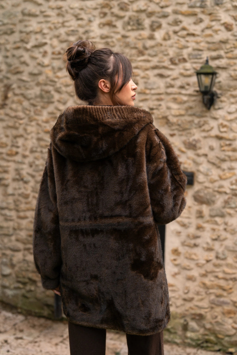 Manteau à capuche marron en fausse fourrure - RIVE GAUCHE