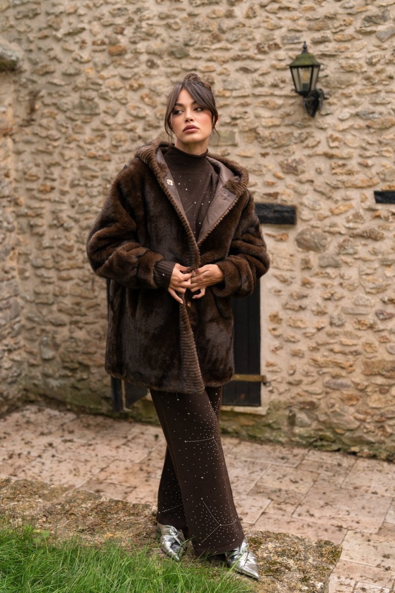 Manteau à capuche marron en fausse fourrure - RIVE GAUCHE