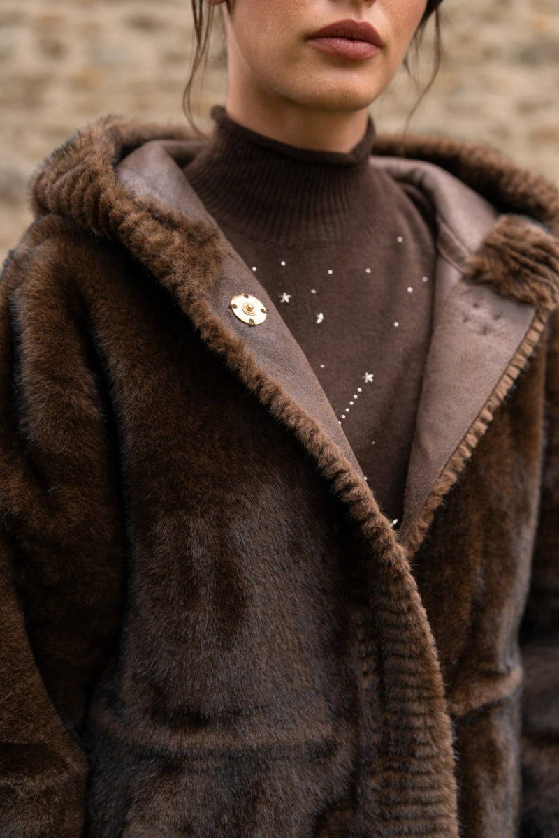 Manteau à capuche marron en fausse fourrure - RIVE GAUCHE