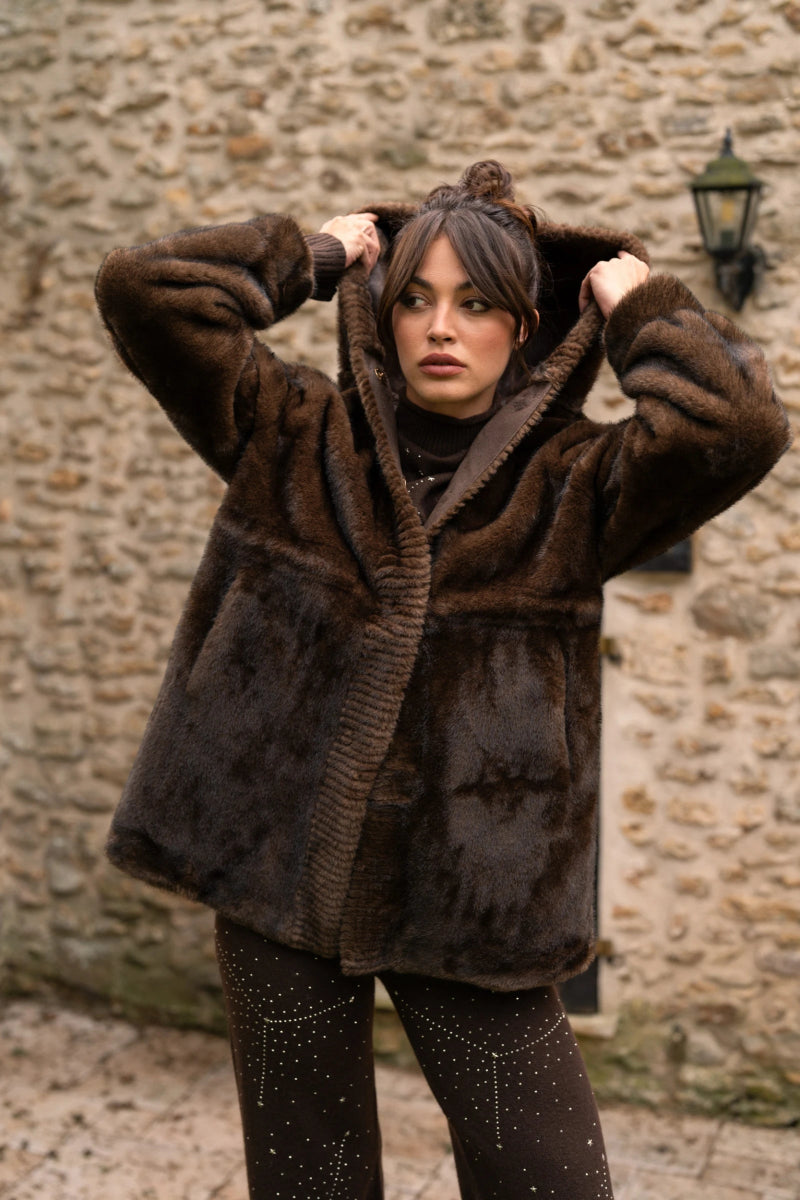 Manteau à capuche marron en fausse fourrure - RIVE GAUCHE