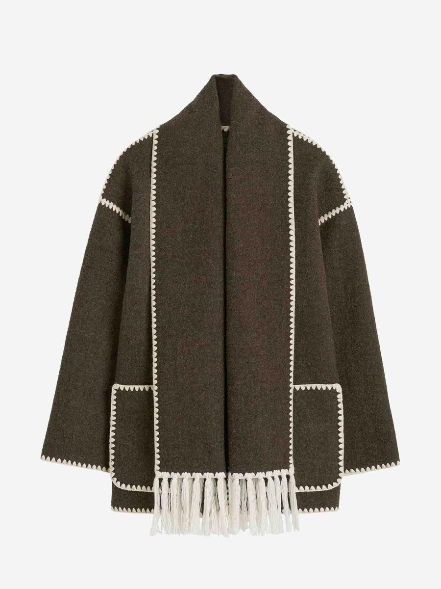 Manteau écharpe chocolat à bordures tricot - RIVE GAUCHE