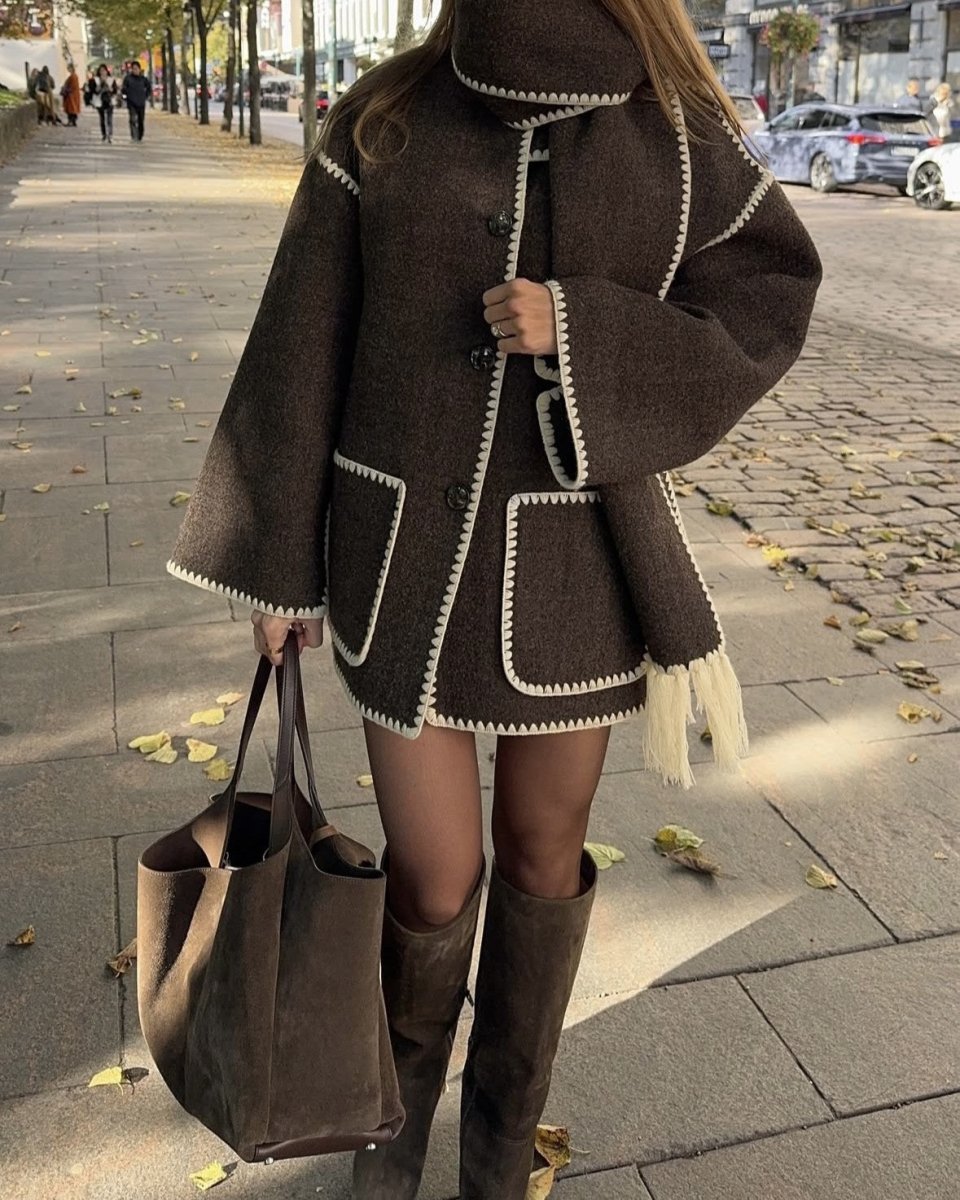 Manteau écharpe chocolat à bordures tricot - RIVE GAUCHE