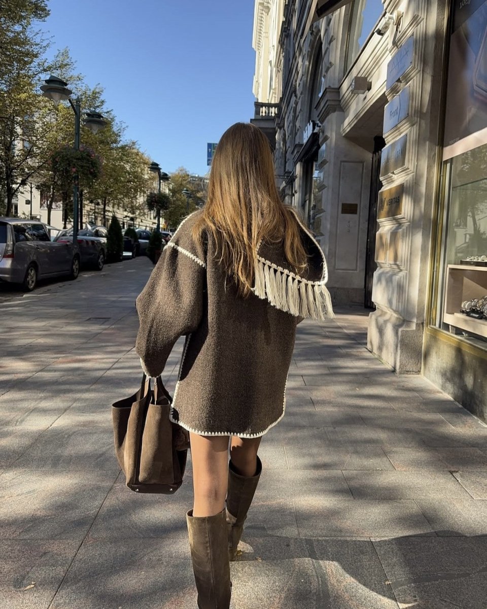 Manteau écharpe chocolat à bordures tricot - RIVE GAUCHE