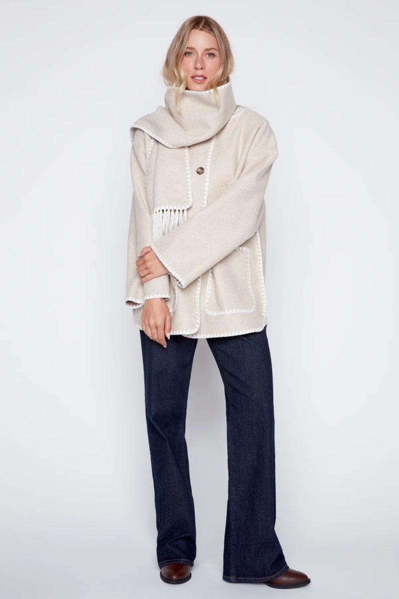 Manteau écharpe oversize beige à bordures tricot - RIVE GAUCHE