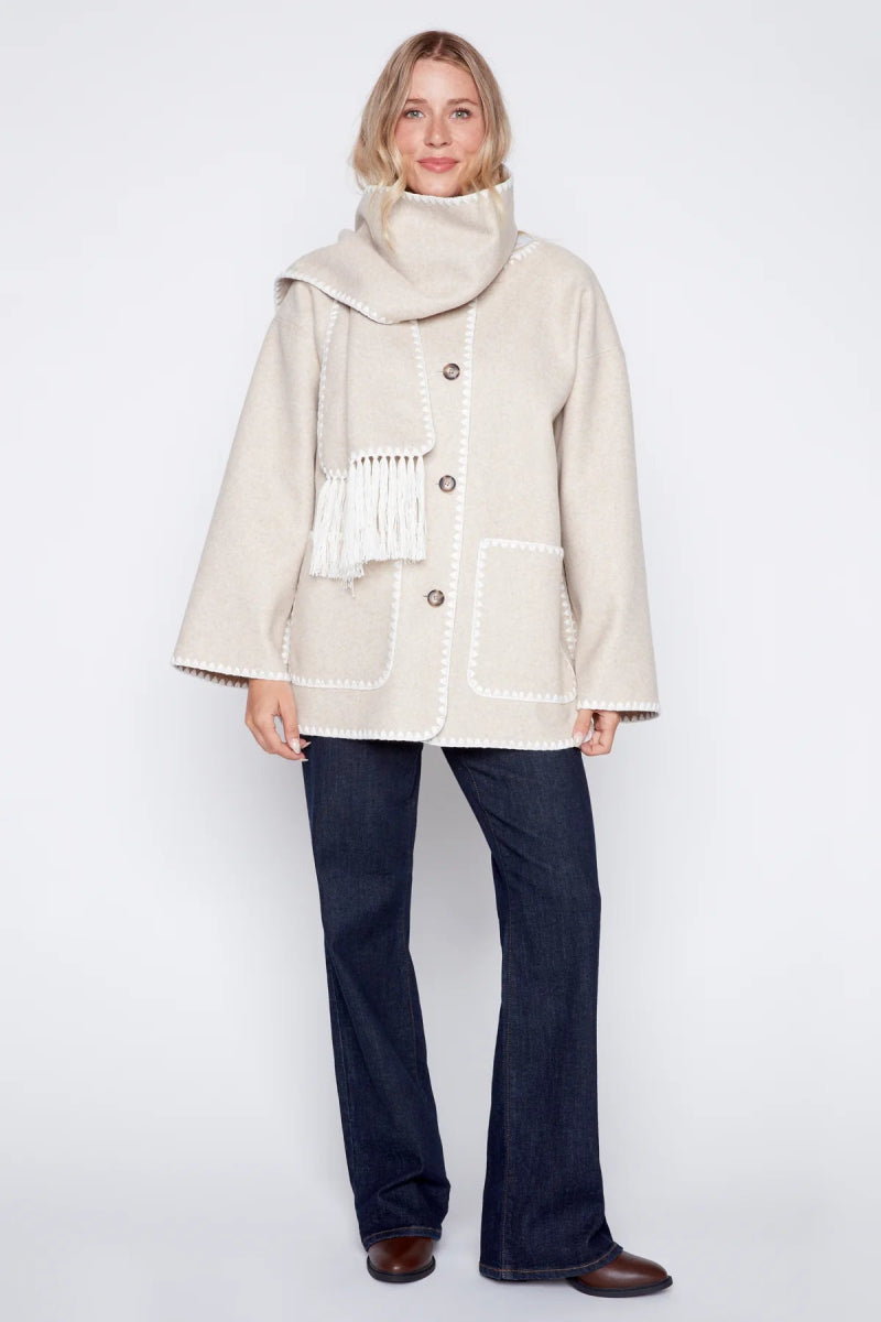 Manteau écharpe oversize beige à bordures tricot - RIVE GAUCHE