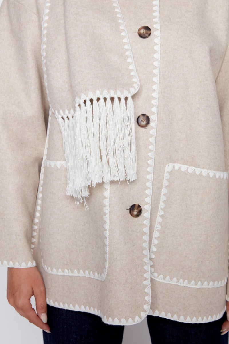 Manteau écharpe oversize beige à bordures tricot - RIVE GAUCHE