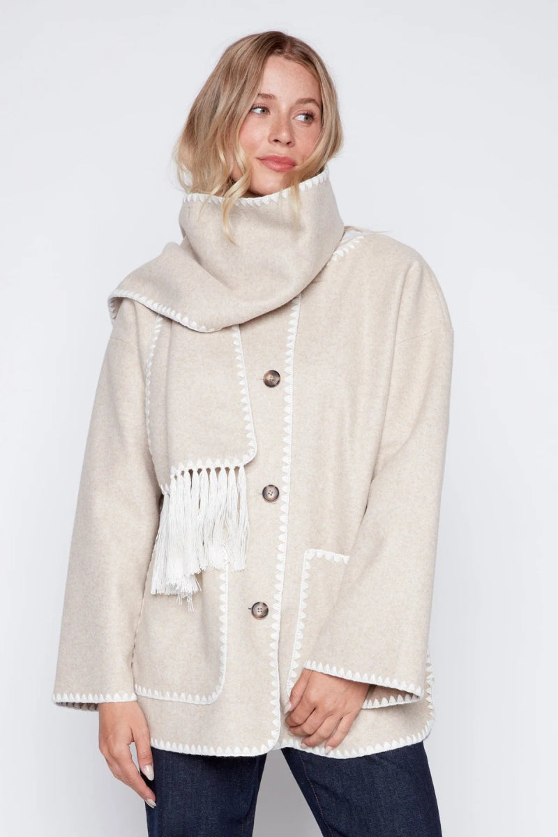 Manteau écharpe oversize beige à bordures tricot - RIVE GAUCHE