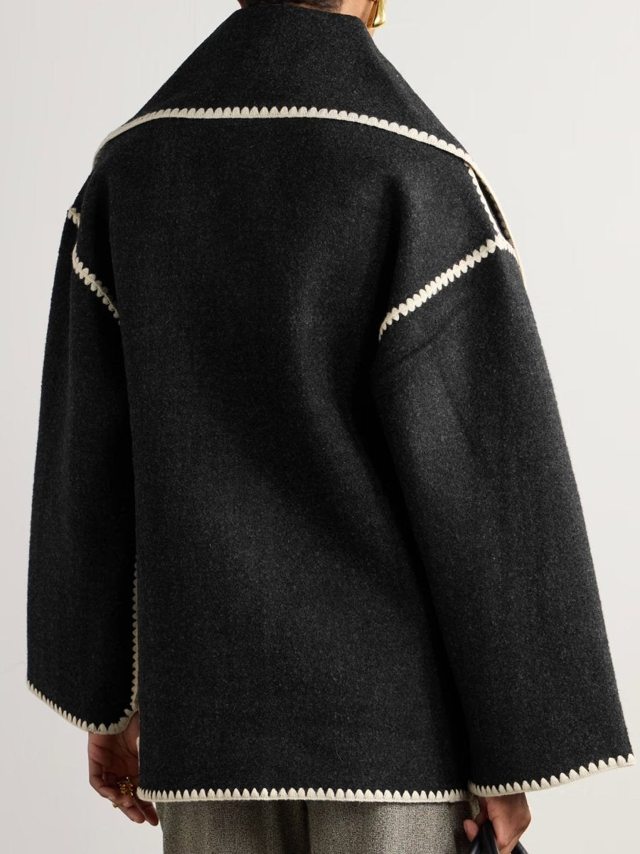 Manteau écharpe oversize noir à bordures tricot - RIVE GAUCHE