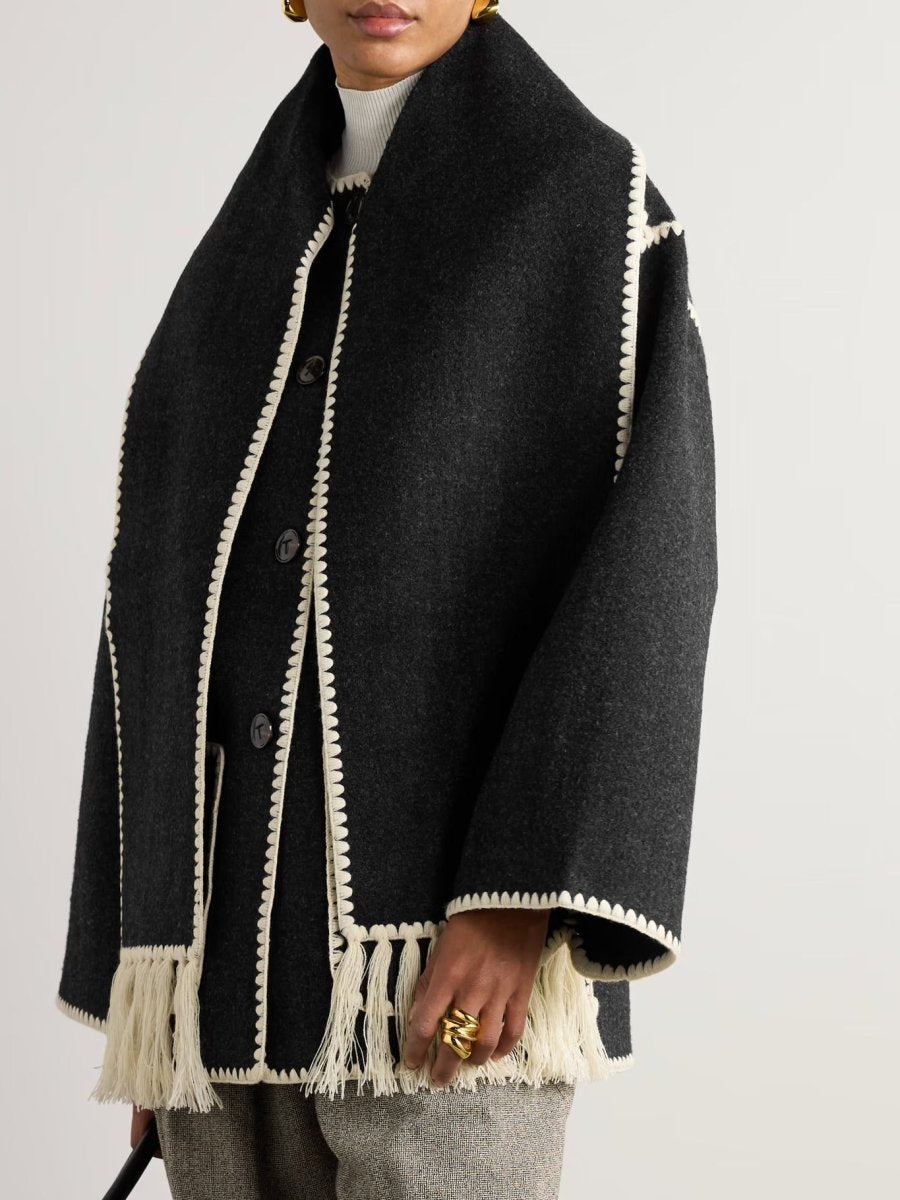 Manteau écharpe oversize noir à bordures tricot - RIVE GAUCHE