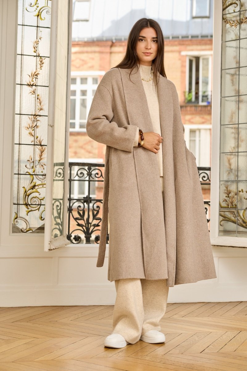 Manteau long ceinturé en laine beige - RIVE GAUCHE