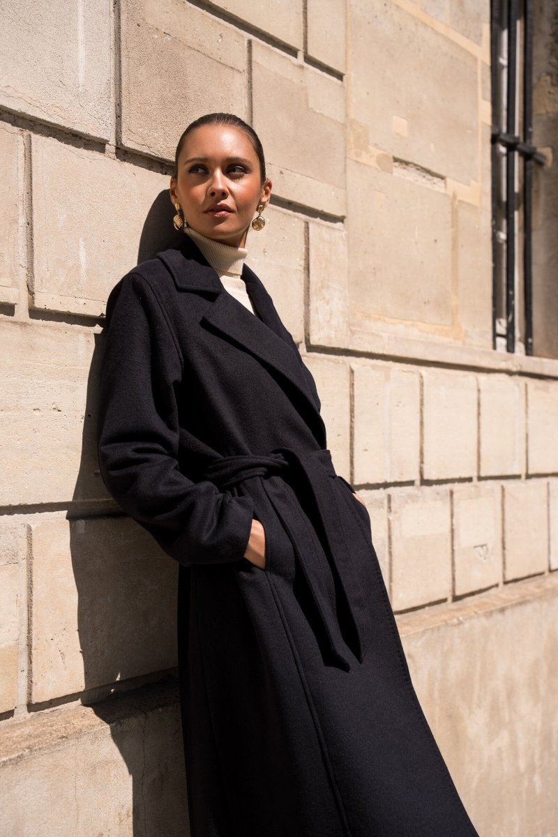 Manteau long ceinturé en laine minimaliste - RIVE GAUCHE