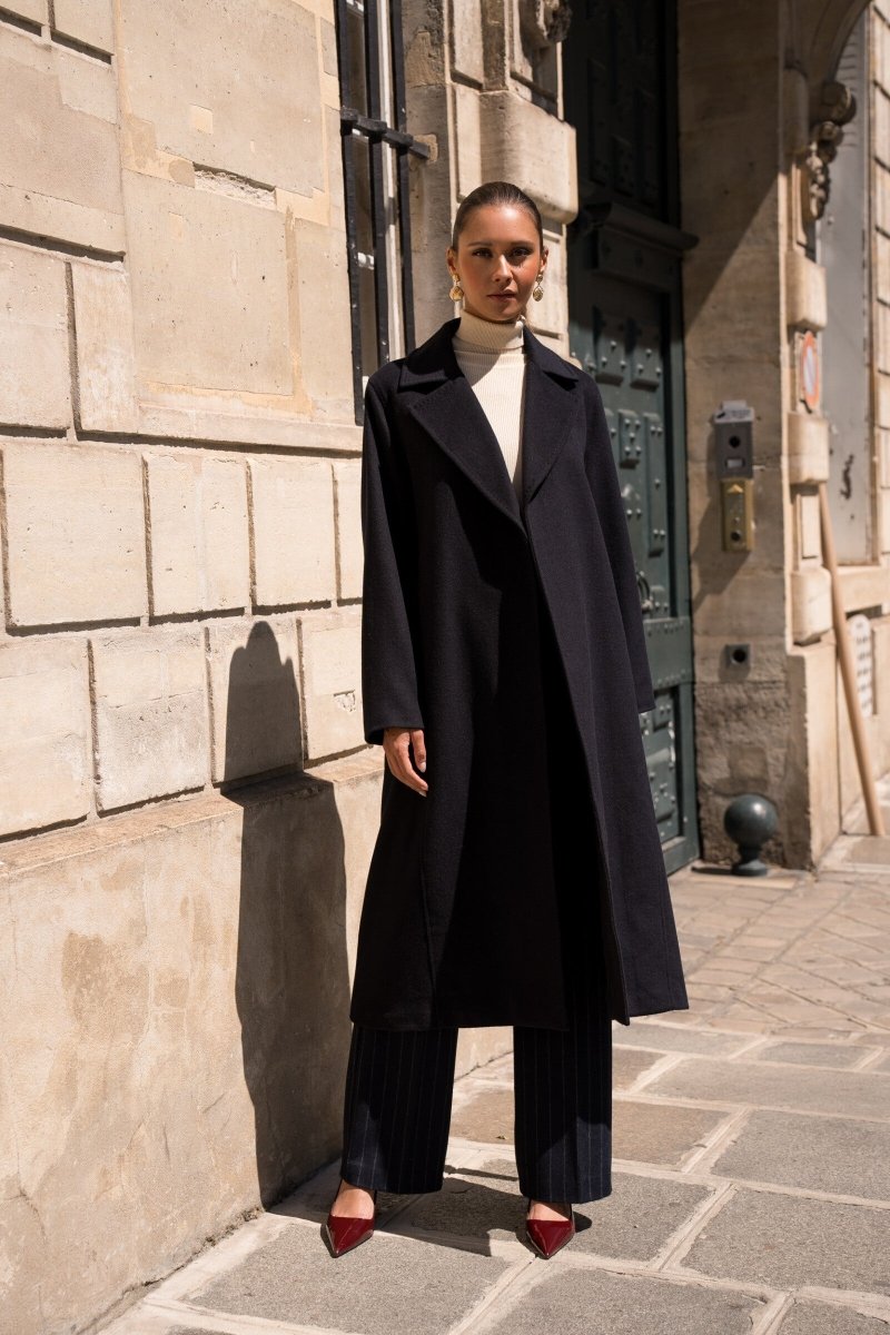 Manteau long ceinturé en laine minimaliste - RIVE GAUCHE