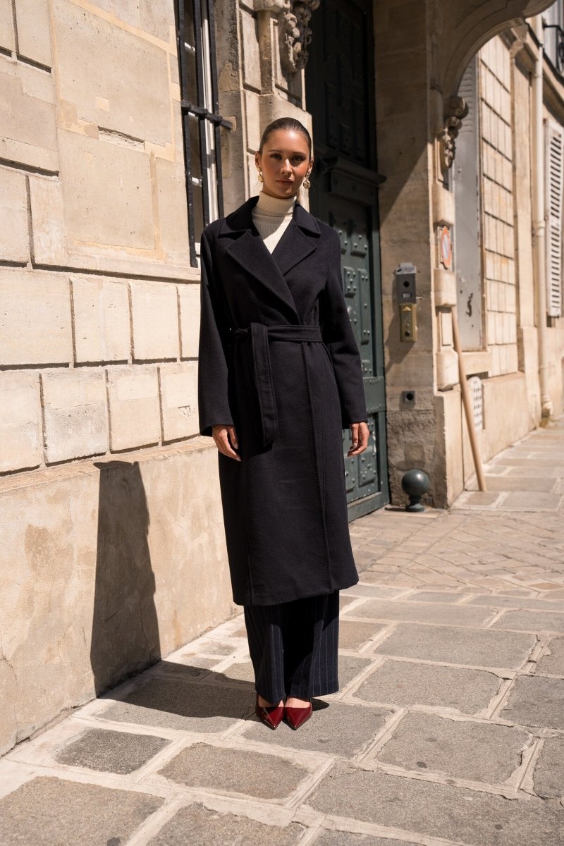 Manteau long ceinturé en laine minimaliste - RIVE GAUCHE