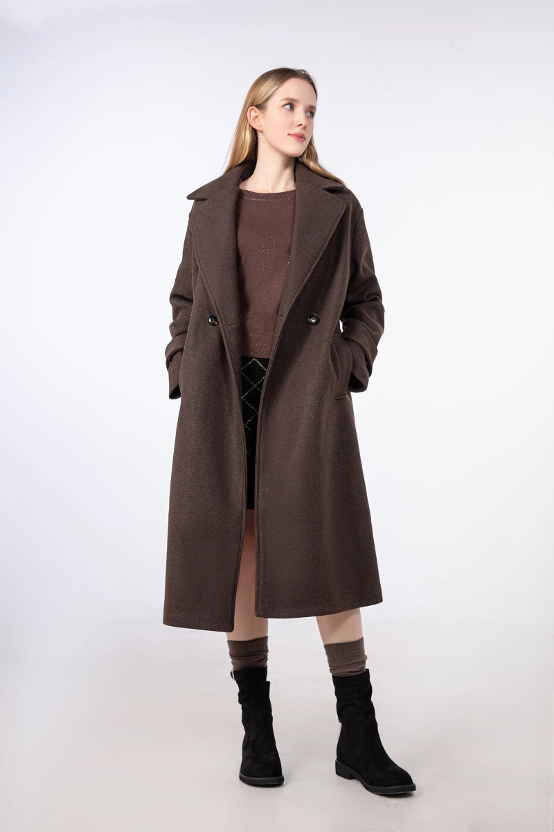 Manteau long chocolat à col tailleur - RIVE GAUCHE