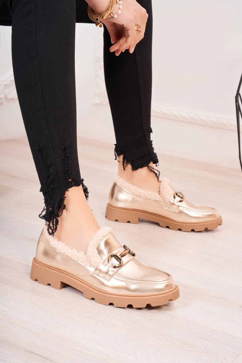 Mocassins dorés fourrés avec moumoute - RIVE GAUCHE