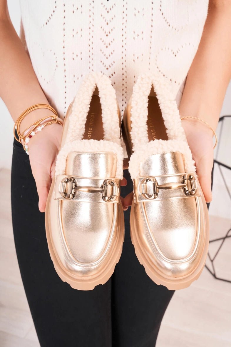 Mocassins dorés fourrés avec moumoute - RIVE GAUCHE