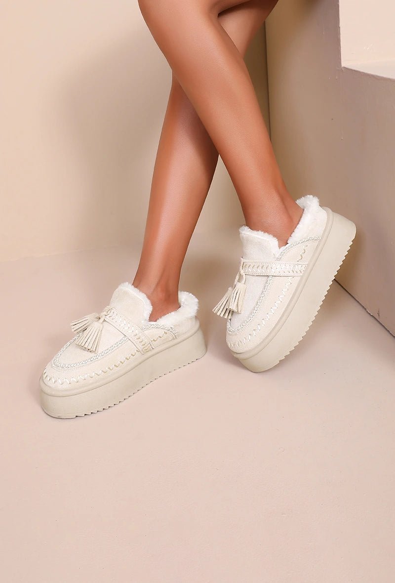 Mules beiges à plateforme fourrées avec détails cousus style indien - RIVE GAUCHE