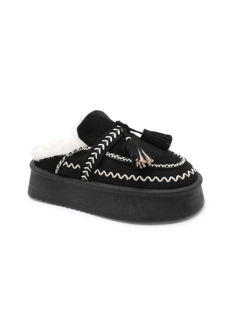 Mules noires à plateforme fourrées avec détails cousus style indien - RIVE GAUCHE