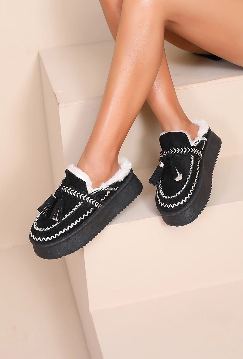 Mules noires à plateforme fourrées avec détails cousus style indien - RIVE GAUCHE