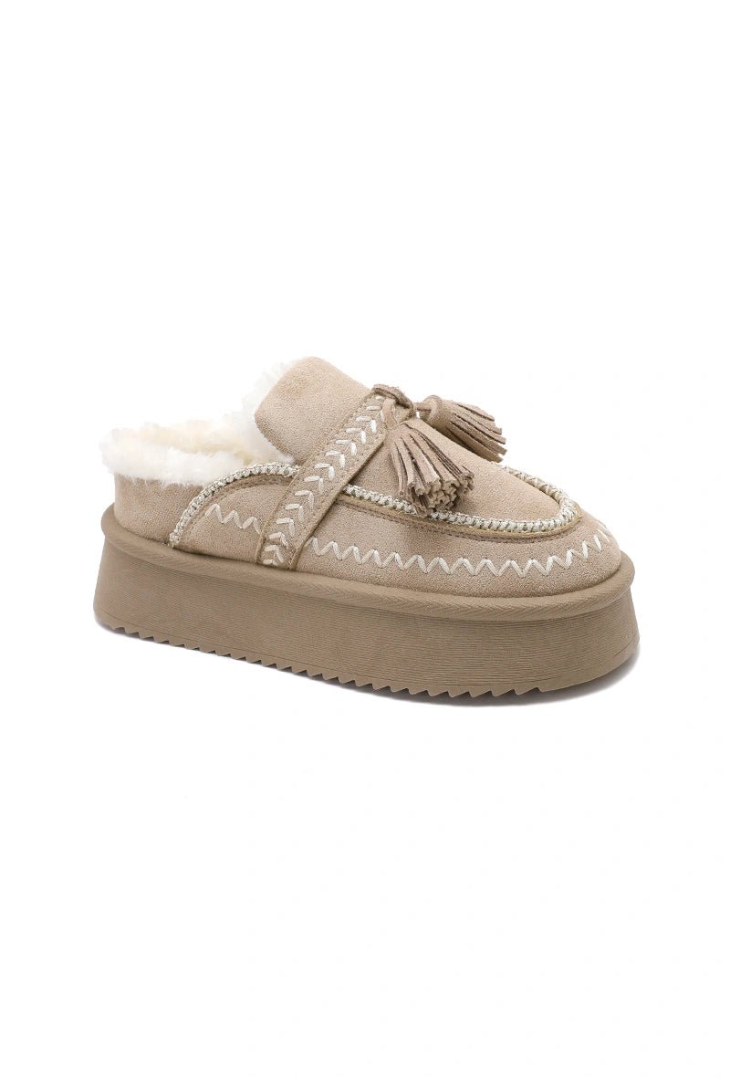 Mules taupes à plateforme fourrées avec détails cousus style indien - RIVE GAUCHE