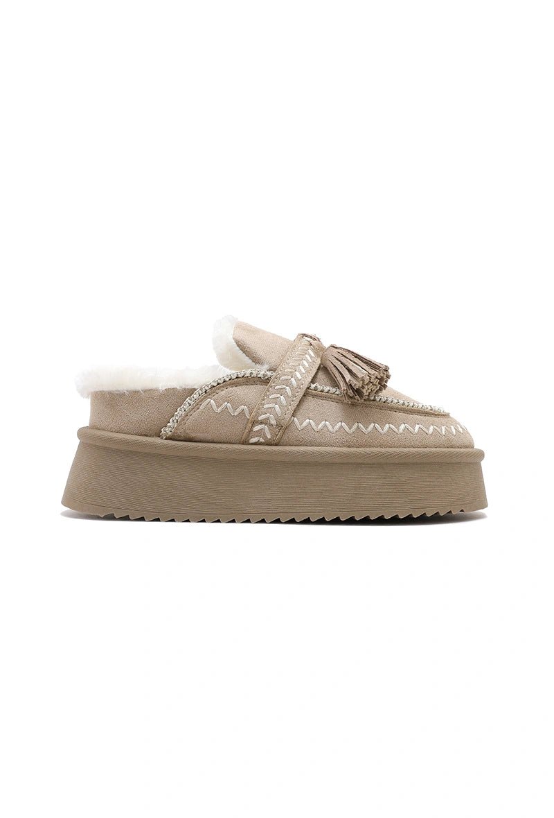 Mules taupes à plateforme fourrées avec détails cousus style indien - RIVE GAUCHE