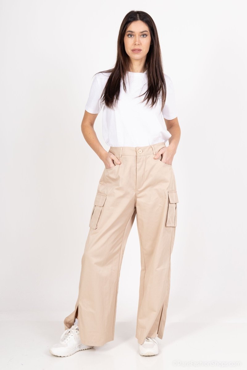 Pantalon cargo en coton beige avec grandes poches - RIVE GAUCHE
