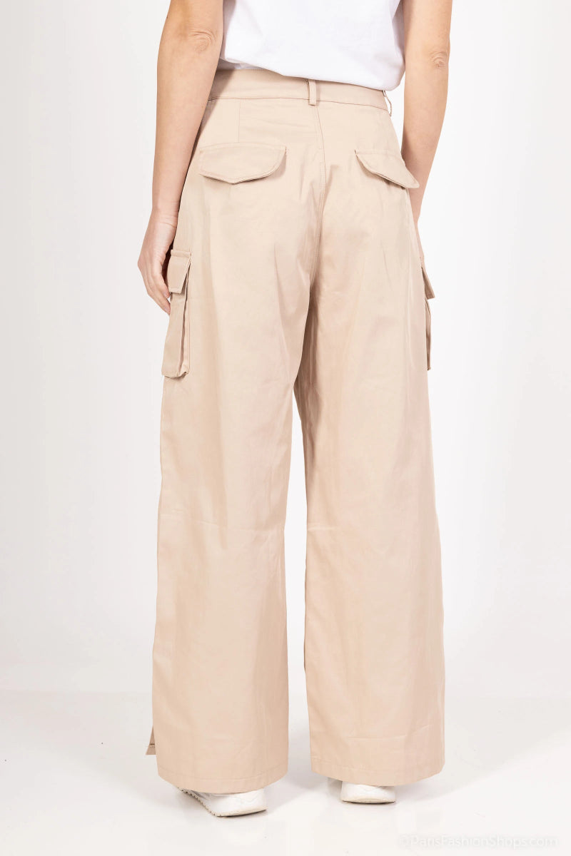 Pantalon cargo en coton beige avec grandes poches - RIVE GAUCHE