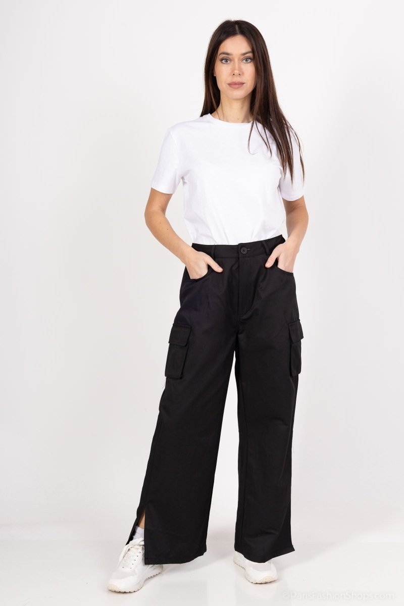 Pantalon cargo en coton noir avec grandes poches - RIVE GAUCHE