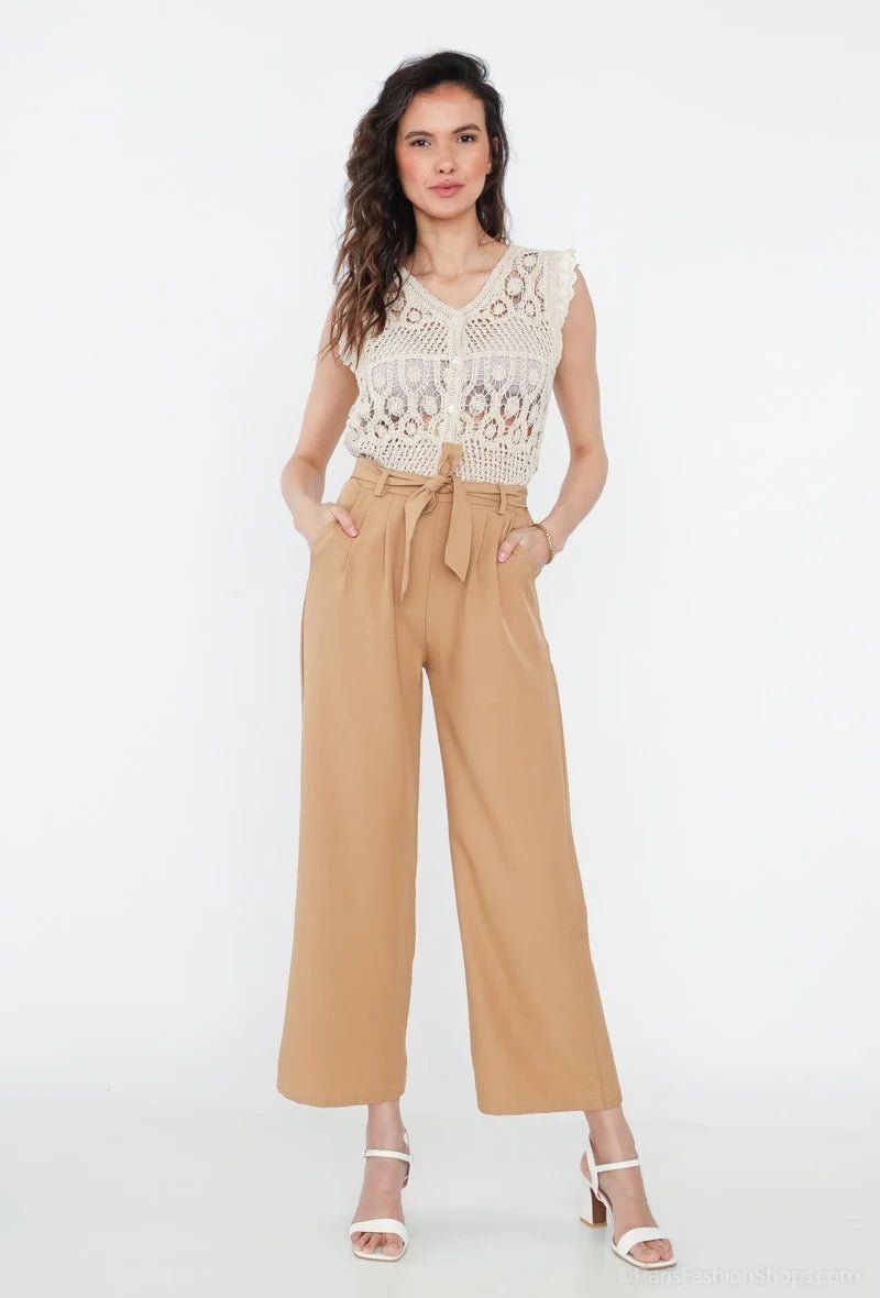 Pantalon fluide beige avec ceinture à nouer - RIVE GAUCHE