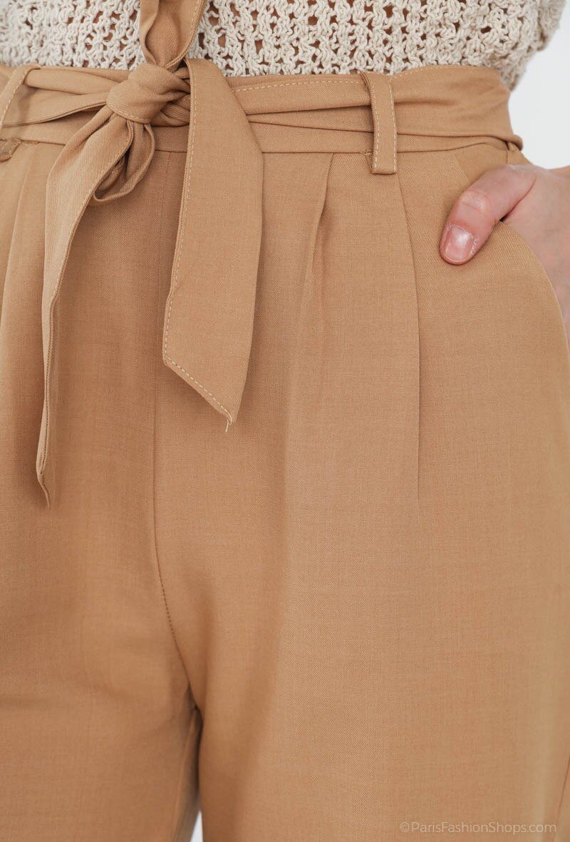 Pantalon fluide beige avec ceinture à nouer - RIVE GAUCHE