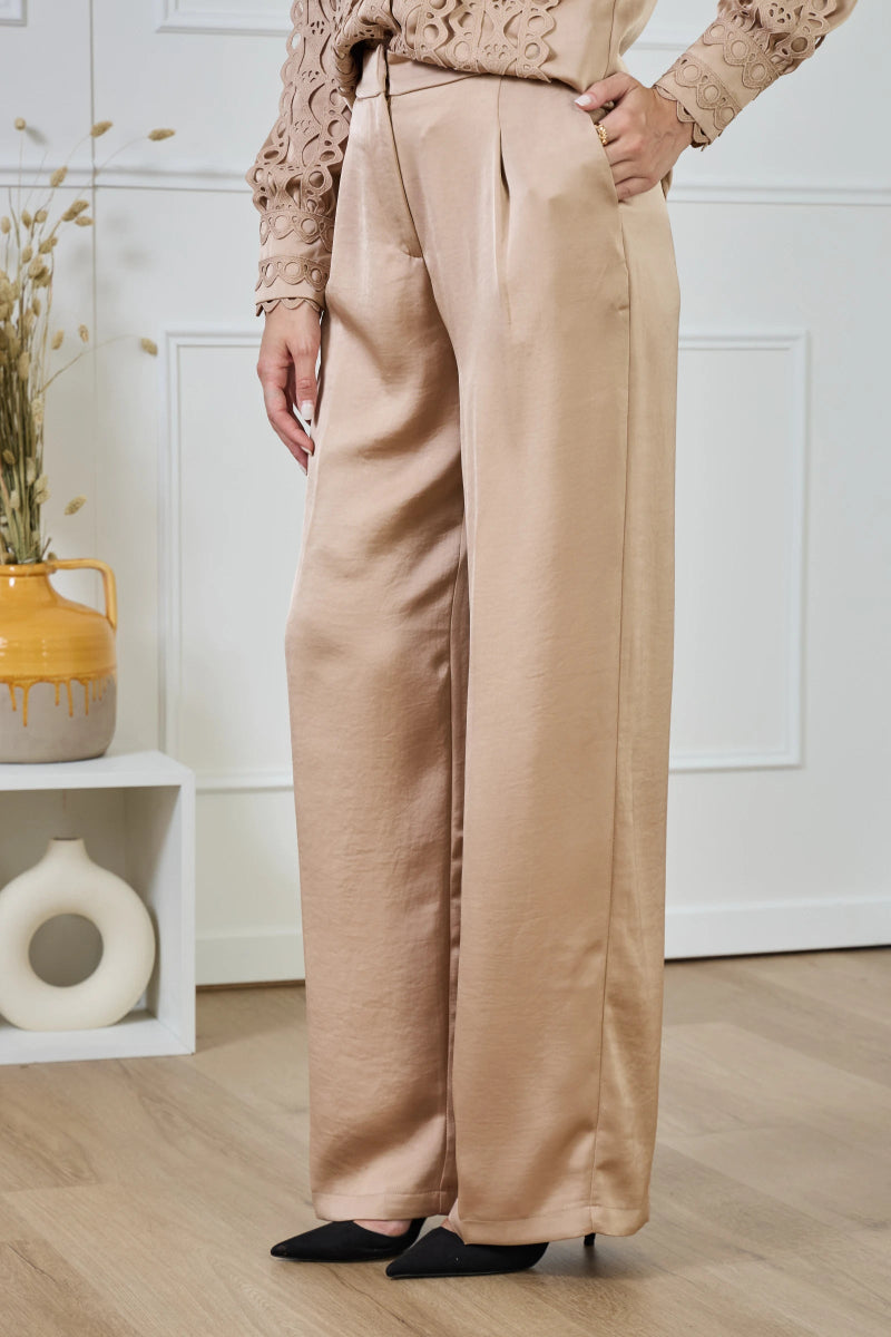 Pantalon fluide satiné coupe droite beige - RIVE GAUCHE