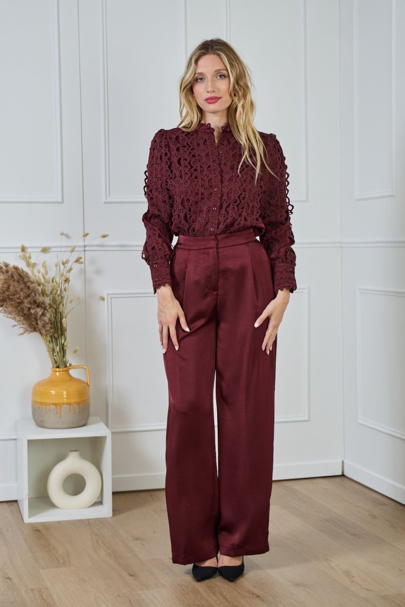Pantalon fluide satiné coupe droite bordeaux - RIVE GAUCHE