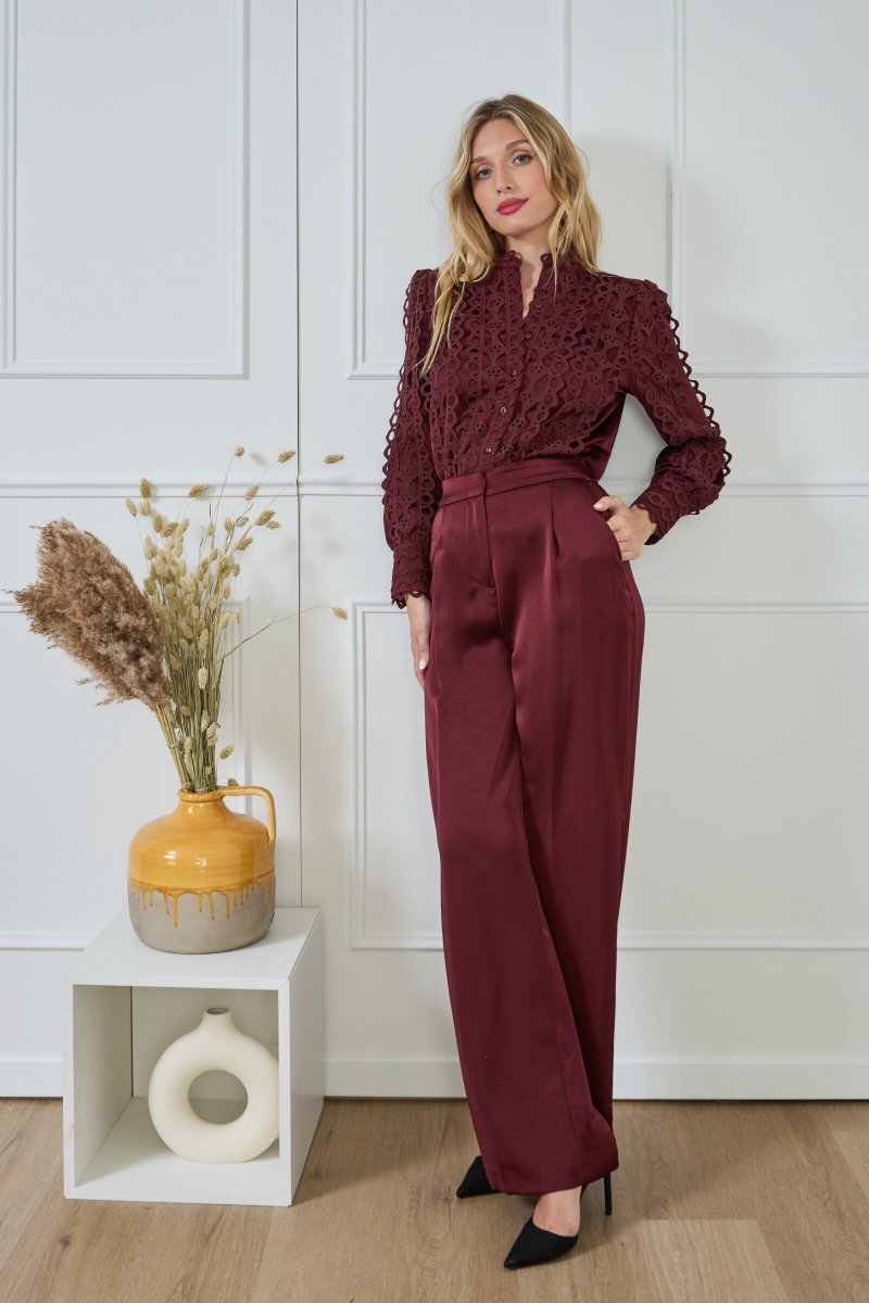 Pantalon fluide satiné coupe droite bordeaux - RIVE GAUCHE