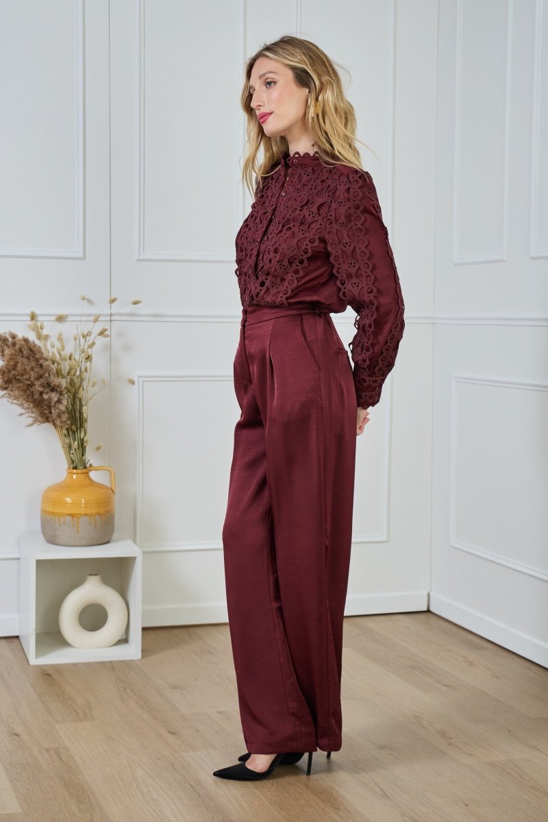 Pantalon fluide satiné coupe droite bordeaux - RIVE GAUCHE