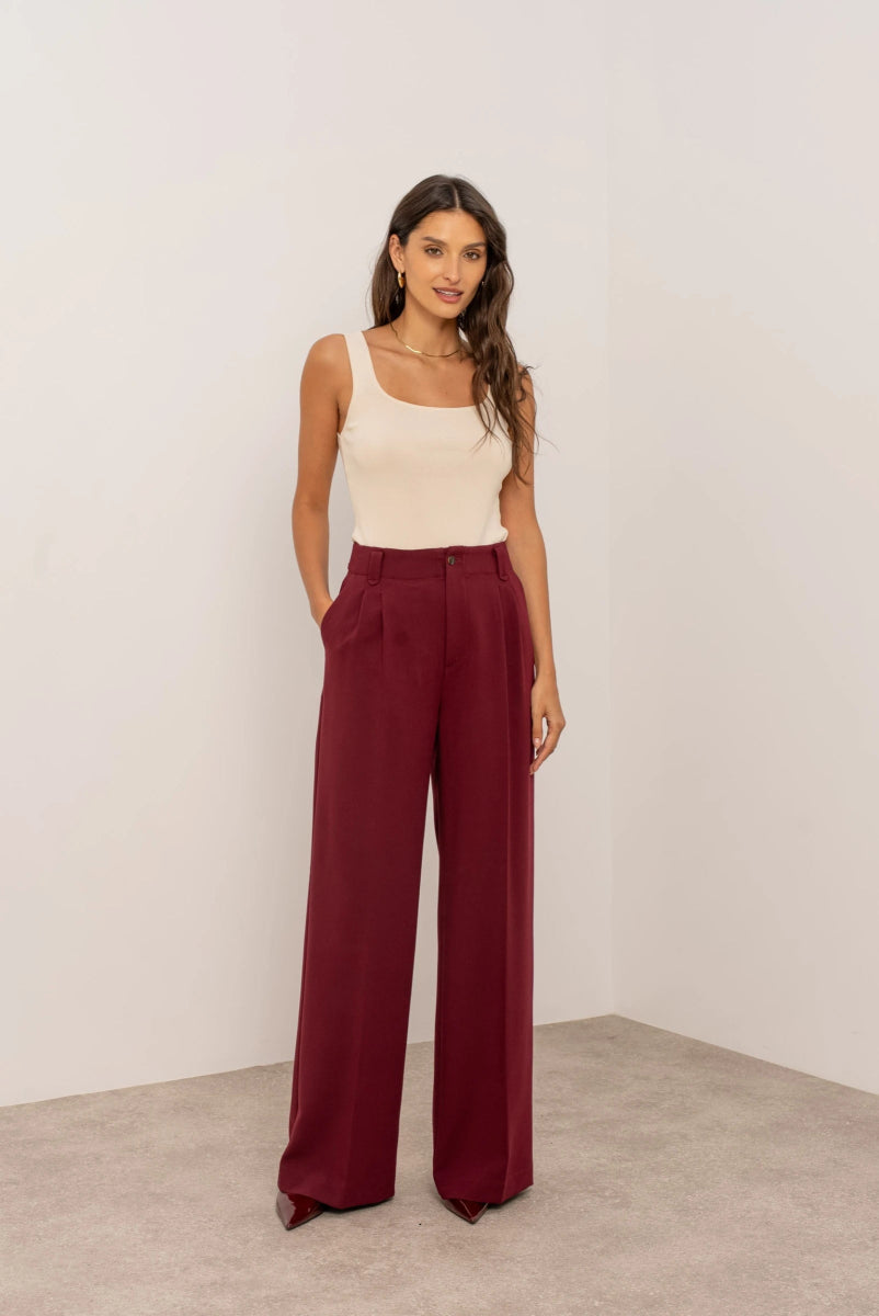 Pantalon habillé bordeaux Aura taille haute coupe droite - RIVE GAUCHE
