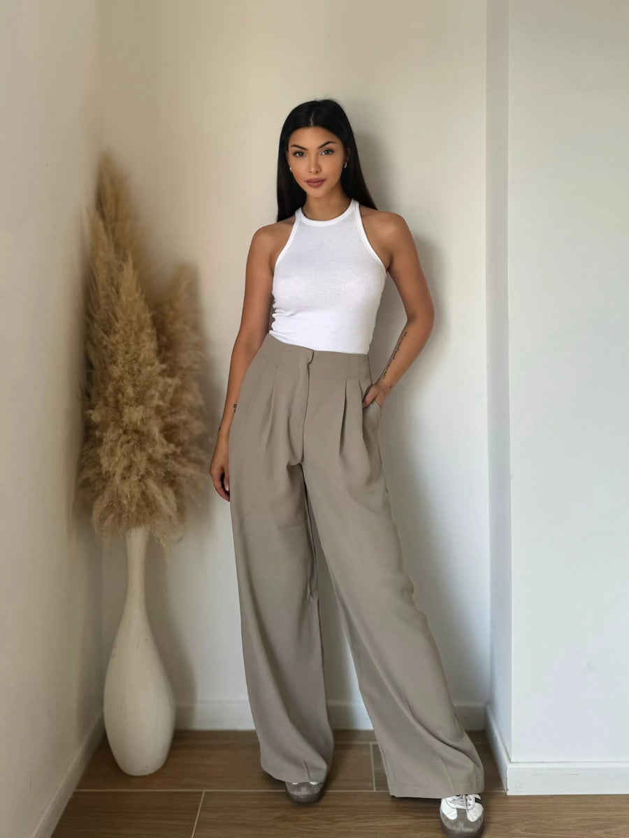 Pantalon large et fluide élastique taupe - RIVE GAUCHE