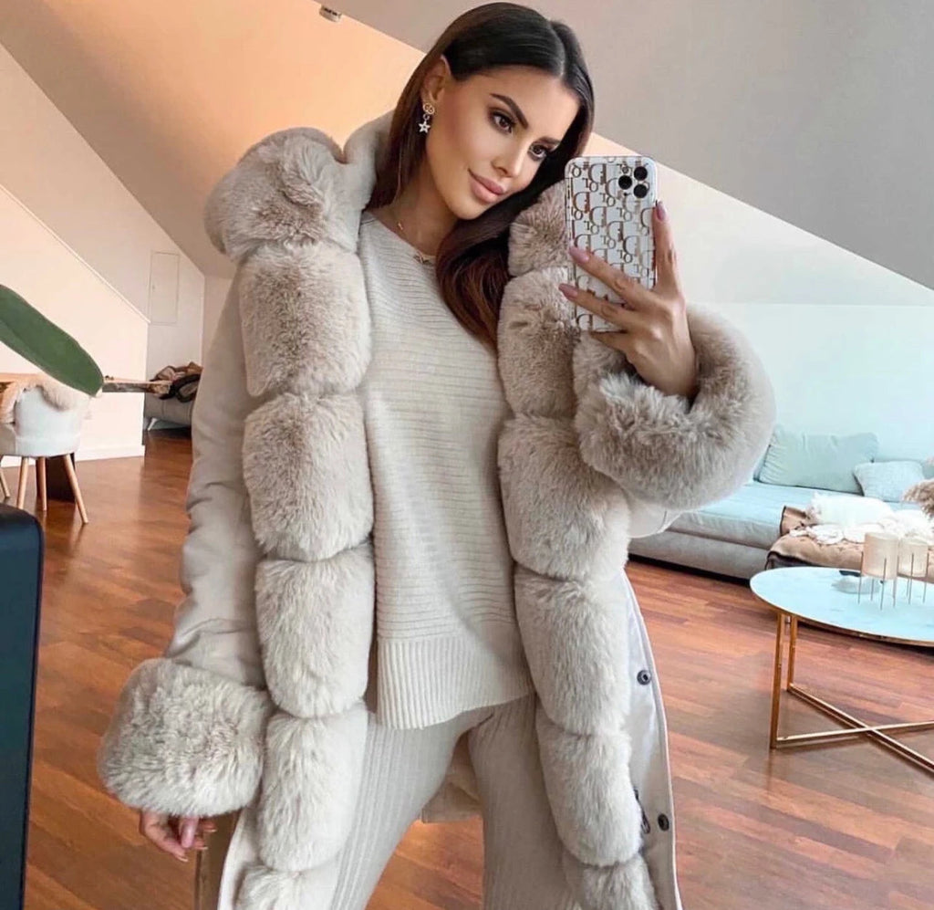 Parka beige à capuche avec empiècement fourrure détachable - RIVE GAUCHE