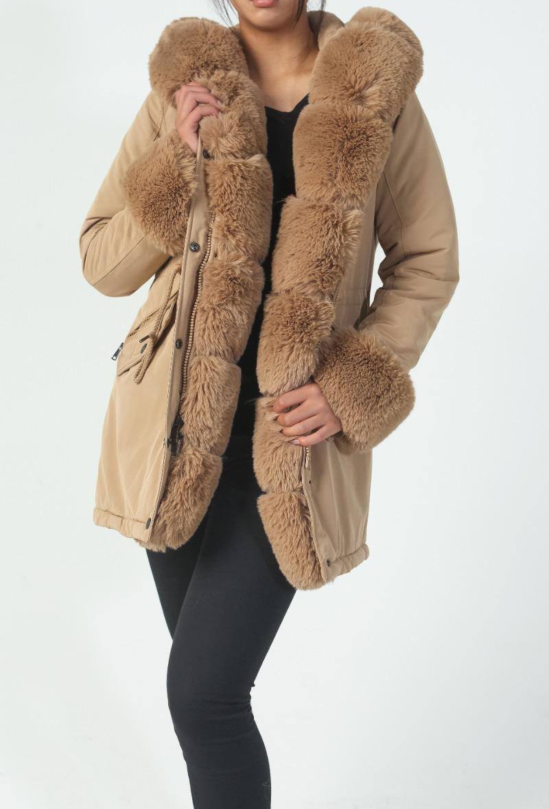 Parka camel à capuche avec empiècement fourrure détachable - RIVE GAUCHE