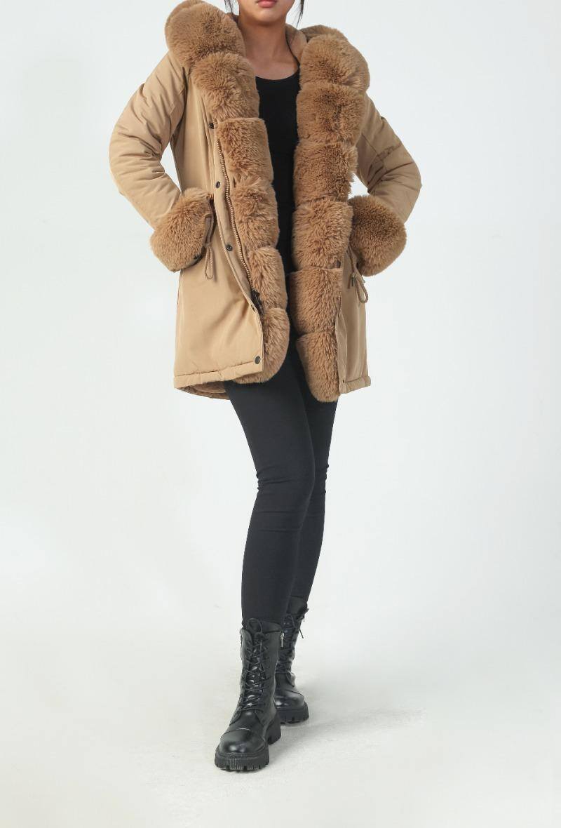 Parka camel à capuche avec empiècement fourrure détachable - RIVE GAUCHE
