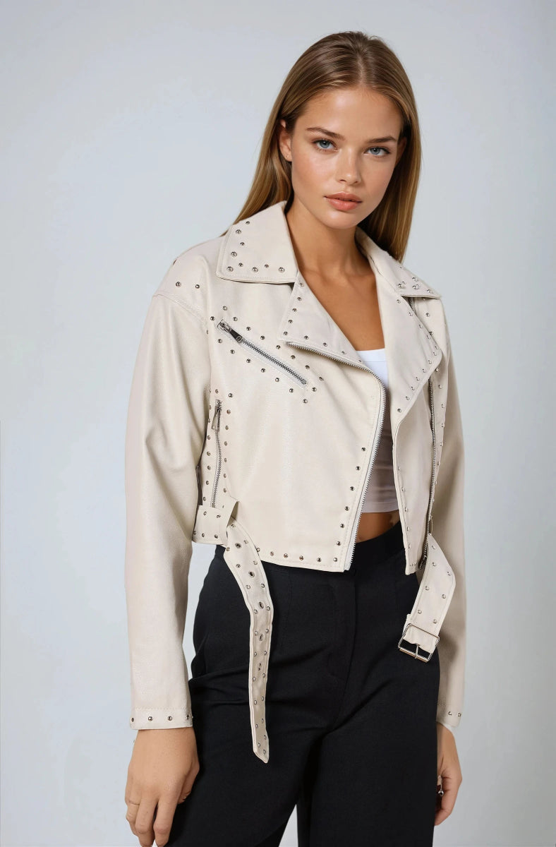 Perfecto beige court en similicuir clouté - RIVE GAUCHE