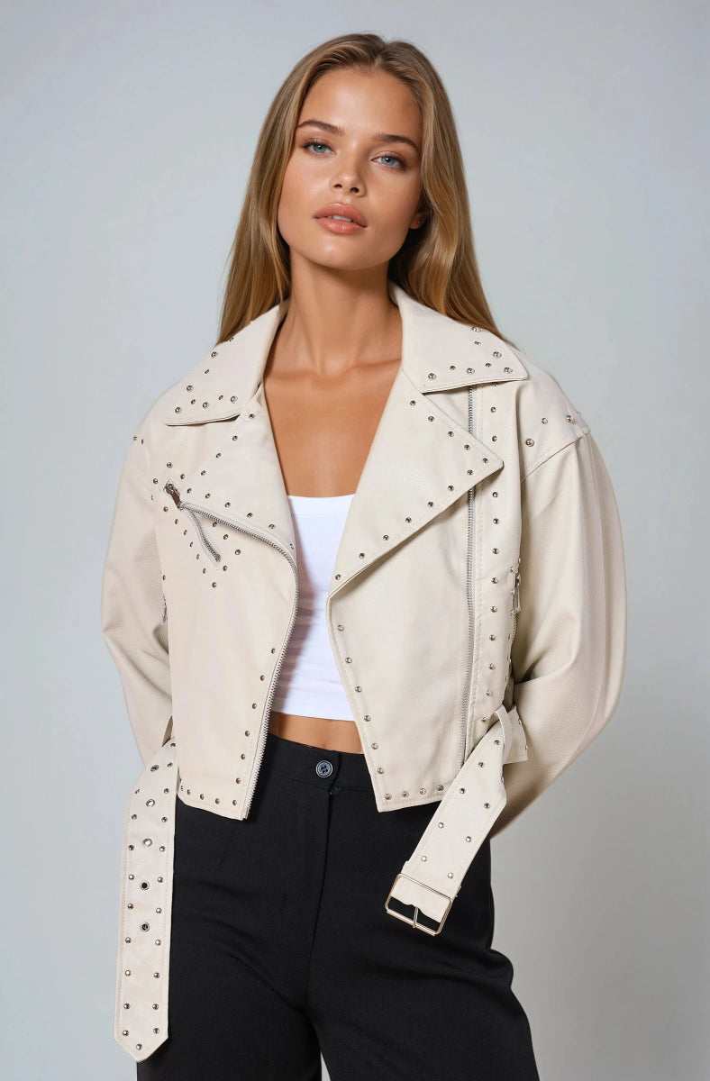 Perfecto beige court en similicuir clouté - RIVE GAUCHE